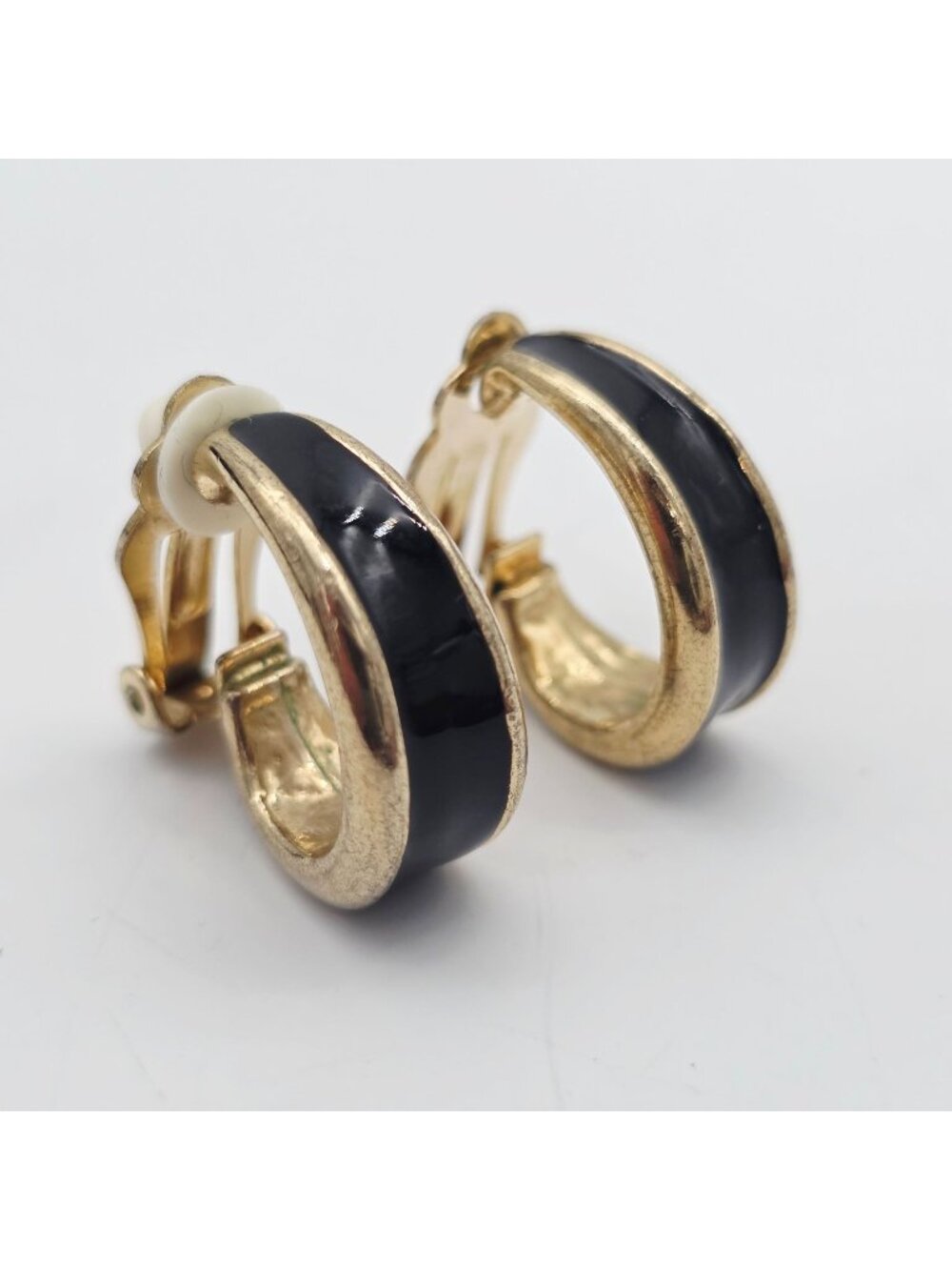 Gold-Tone & Black Enamel Clip-On Hoop Earrings Vintage Jewelry 1"